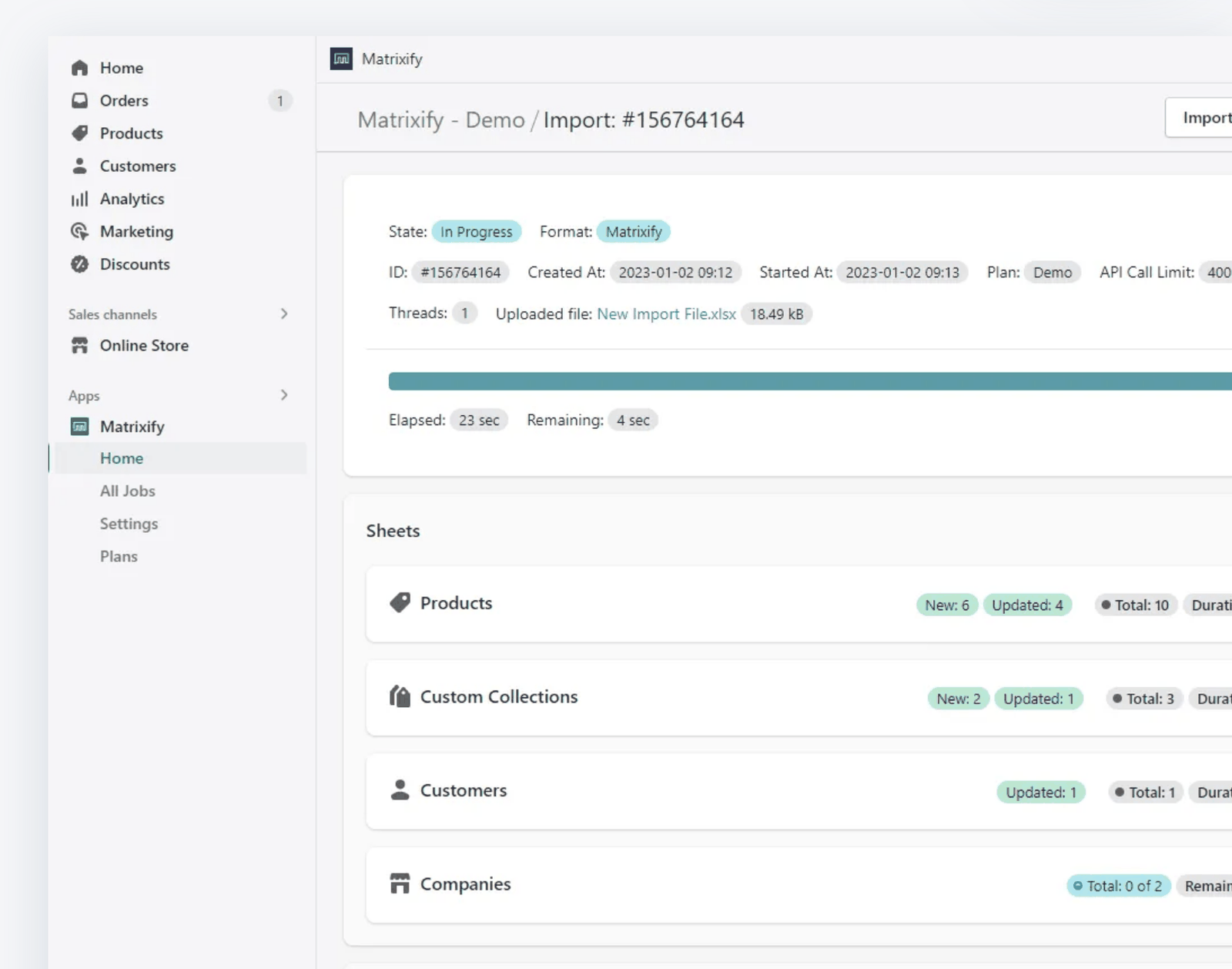 A Matrixify import in progress inside Shopify: each sheet shows how many items were new, how many were updated, and the total